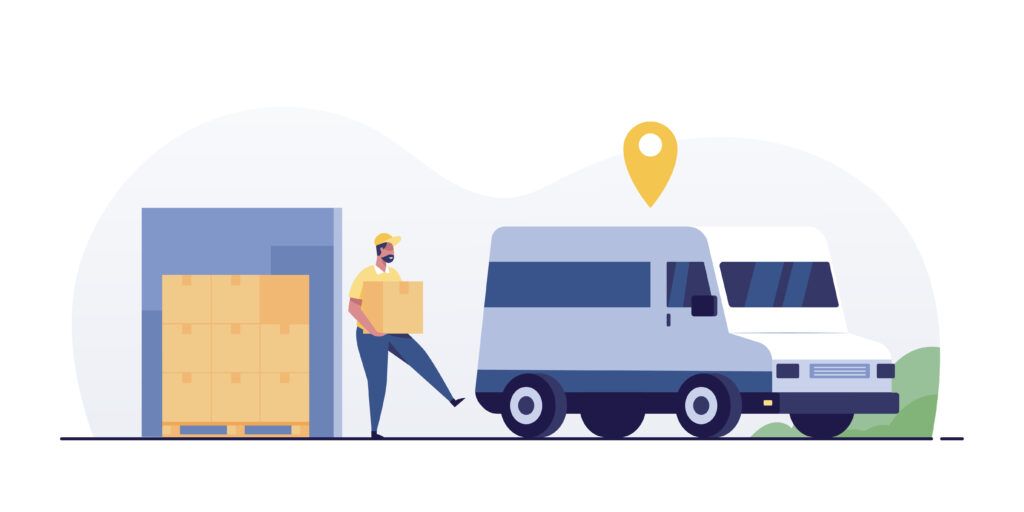 Illustration delivery van with man loading a box into a delivery van with location pin above the delivery van