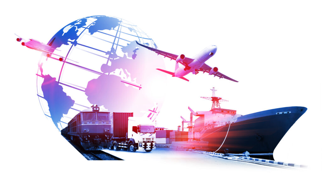 Worldwide logistics, ship, dock, two airplanes, truck, train, and globe graphic in red and blue.