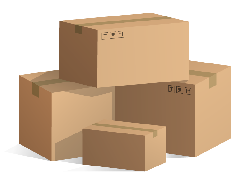 Four brown shipping boxes of varying sizes in a group.