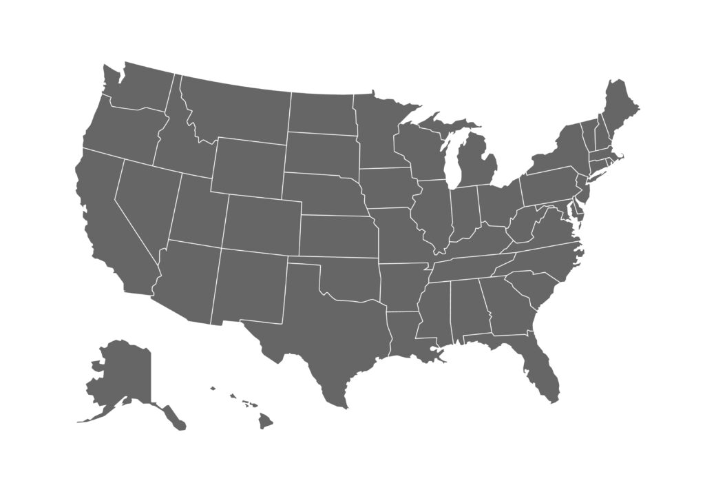 Map of the US with AK and HI grey with state lines