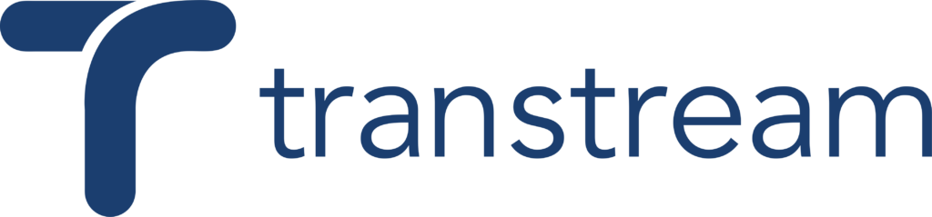 Transtream logo blue lowercase with large swooped T to the left